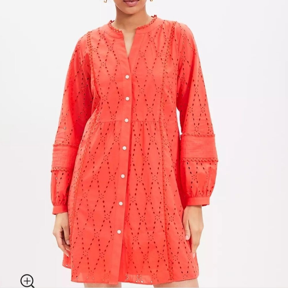 Loft coral eyelet lace trim button front vacation swing summer dress size medium